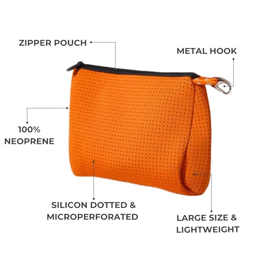 POPUPS Brand Large Makeup Bag with Zipper - Neoprene Machine Washable Travel Toiletry Cosmetic Organizer Pouch for Women (Basic Burnt Orange)