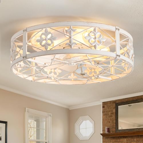 Farmhouse Caged Ceiling Fan with Light - 20 Inch Distressed White with Remote