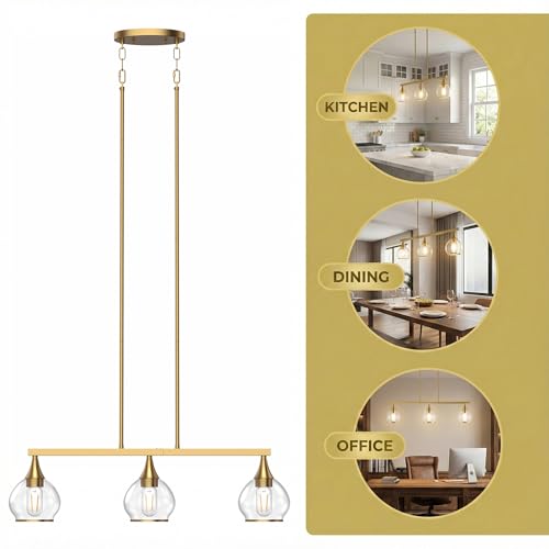Brushed Gold Kitchen Island Pendant Light - 3 Light E26 Fixture - Variation of Gold / 3-Light