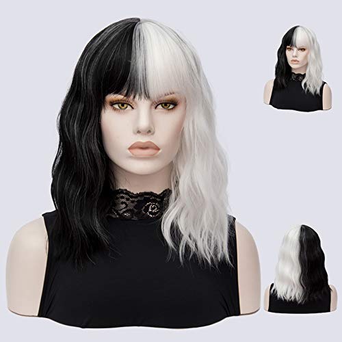 Short Wavy Shoulder Length Women's Heat Resistant Wig with Full Bang - Black and White Variation