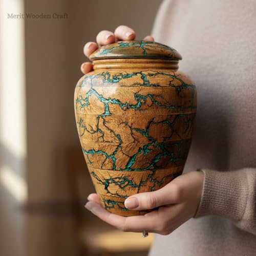 Large Wooden Resin Cremation Urn for Human Ashes - Merit Wooden Craft, Male/Female, Custom Funeral Box