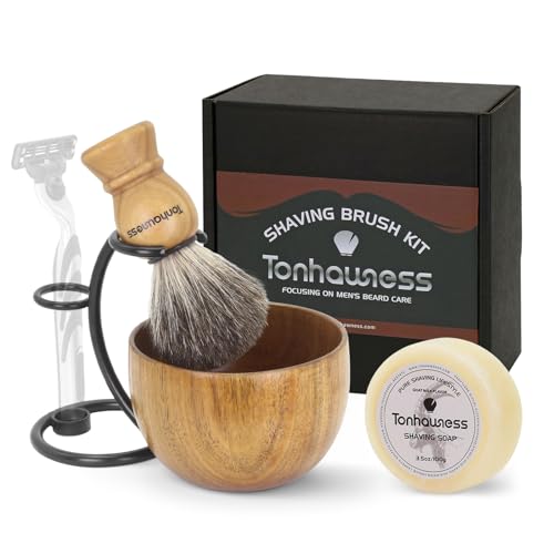 4-in-1 Men’s Shaving Brush Kit with Badger Hair, Wood Bowl & Stand – Includes Soap
