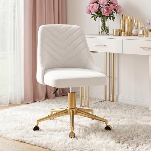 VECELO Cream White Velvet Vanity Desk Chair with Height Adjustment & 360° Swivel, Gold Base