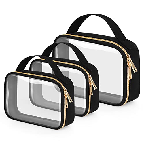 Black 3 Pack Clear Toiletry & Makeup Bags with Handles - Large & Medium Sizes, Waterproof PVC Travel Organizer