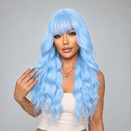 Blue Wigs for Women - 26 Inch Long Wavy Synthetic Wig with Bangs - Variation of Blue / 26 Inch