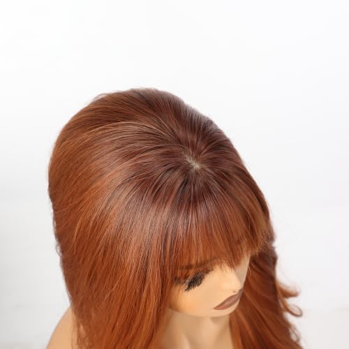 Sunset Copper Auburn Wavy Long Wig with Bangs - Voluminous High Crown, Realistic Scalp, 24 Inch Style