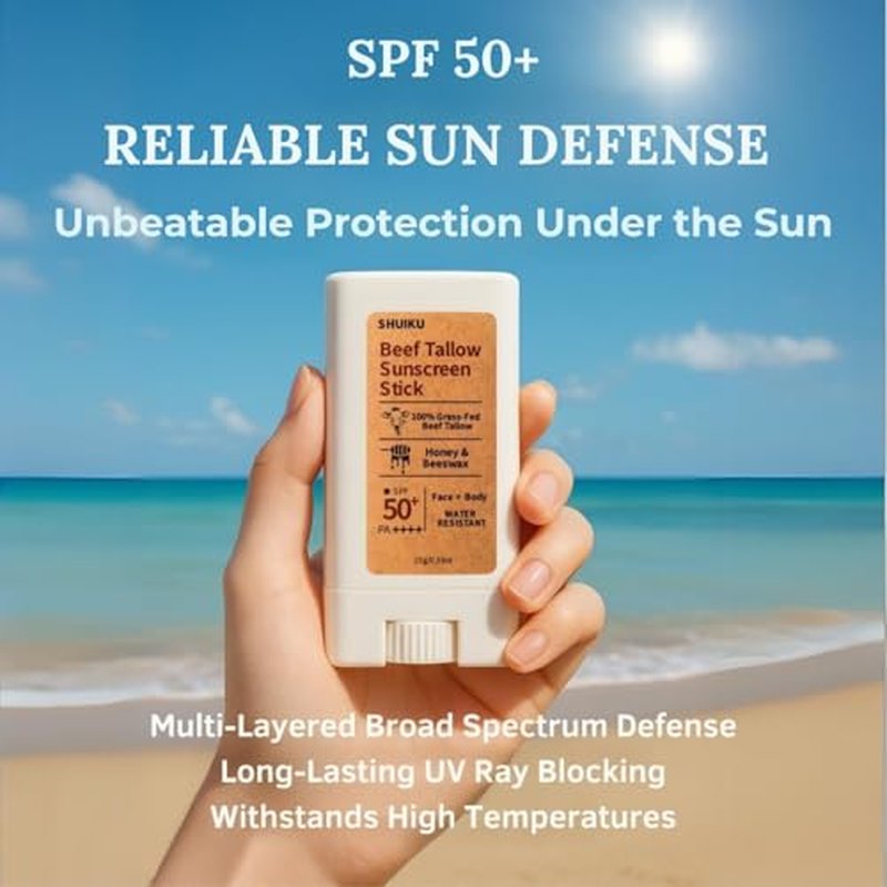 Beef Tallow Sunscreen Organic Stick SPF 50 ? Tallow-Based Mineral Sunscreen with Honey & Beeswax for Face & Body, Water-Resistant Natural Sunblock, 0.53 oz