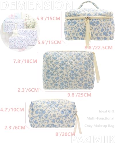 Flower Blue 3-Piece Quilted Makeup Bag Set for Women - Cosmetic & Toiletry Organizer