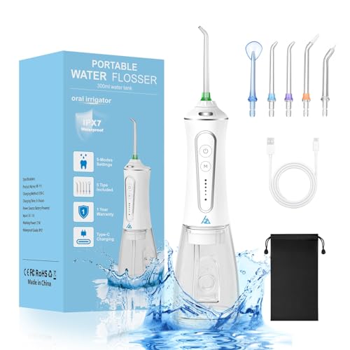 Cordless Travel Water Flosser with 5 Modes, Rechargeable, Waterproof, 300ml Tank