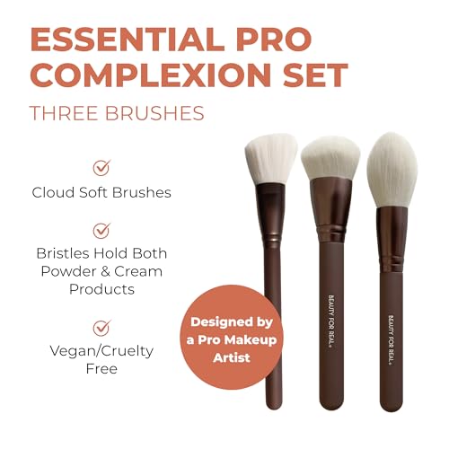 Beauty For Real Essential Pro Complexion Brush Set - Includes 3 Brushes: Blush/Contour, Complexion & Powder - Vegan & Cruelty Free