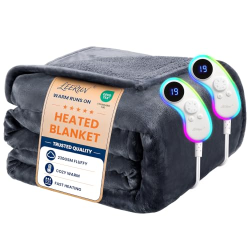 Grey Queen Electric Heated Blanket 220GSM Flannel Sherpa Cozy Warm