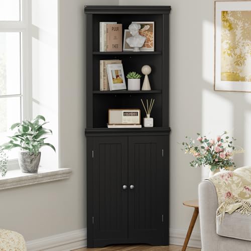YESHOMY Corner Cabinet with Doors Dark Black - Storage Cupboard with Adjustable Shelves