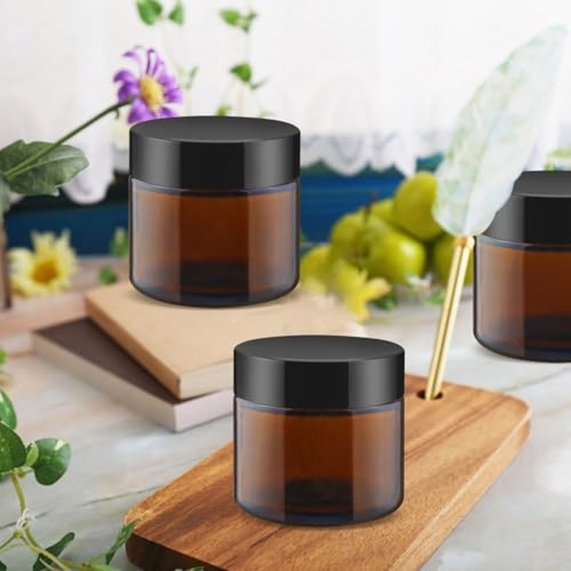 24 Pcs Amber Glass Jars Round Small Glass Jars Empty Refillable Cosmetic Containers with Inner Liners & Black Lids for Make Up Sample Powder Cream Lotion Spice - 60g/2oz