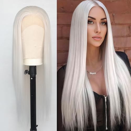 White Platinum Blonde Lace Front Wig for Women - Pre-Plucked, Heat Resistant Synthetic Fiber, 24 Inch