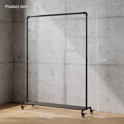 Black Industrial Pipe Clothing Rack with Wheels and Bottom Shelf - Heavy Duty Garment Stand