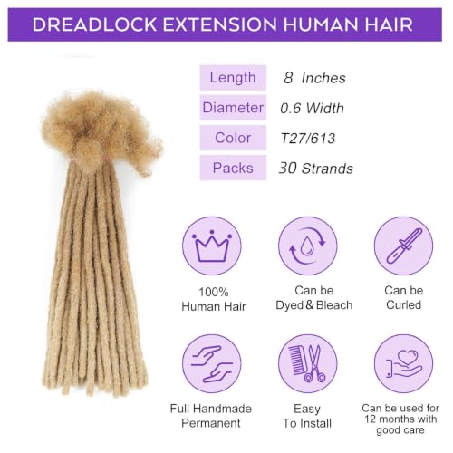 8-Inch Human Hair Dreadlock Extensions T27/613# - 0.6CM Width, 30 Strands, Full Head