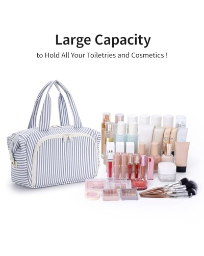 Narwey Travel Toiletry Bag for Women – Large Makeup & Cosmetic Organizer, Y-Greyish Blue Stripe