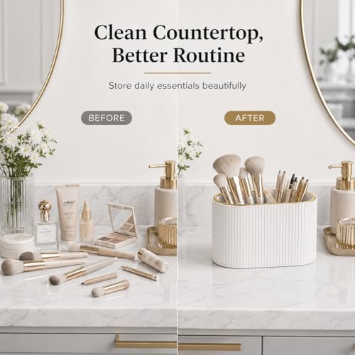 Cream White Makeup Brush Holder Organizer with 2 Slots - PU Leather Vanity Storage
