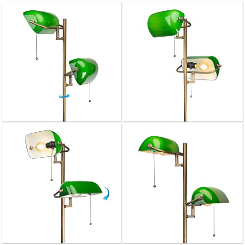 FIRVRE Green Glass Banker Floor Lamp with Adjustable Arm & Pull Chain Switch - Vintage Style Reading Light for Bedroom Office