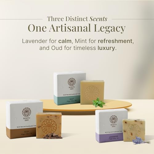 Masbanat Awaida Castile Olive Oil Bar Soap ? 3 Pack (Oud, Mint & Lavender) ? Natural Moisturizing Handmade Soap for Body & Hands ? Pure Lebanese Cold-Pressed Since 1880
