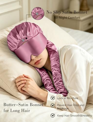 Pink Satin Sleep Bonnet with Eye Mask & Curling Ribbons - No Slip Hair Protector