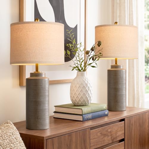 PARTPHONER 27" Greyish Brown Vintage Ceramic Table Lamp Set of 2 | Ribbed Texture, Brass Accents, Linen Shade