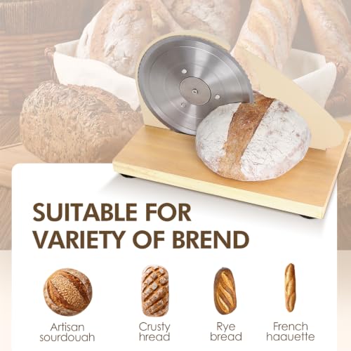 Cream Manual Bread Slicer with Adjustable Thickness, Hand Crank & Solid Wood Base