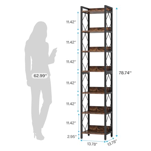 Tall Narrow Bookshelf 78.7 Inch - Rustic Brown, Space-Saving Corner Bookcase