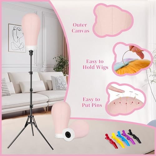Pink 22-Inch Mannequin Head with Tripod Stand for Wig Making & Display - Variation of Pink / 22inch