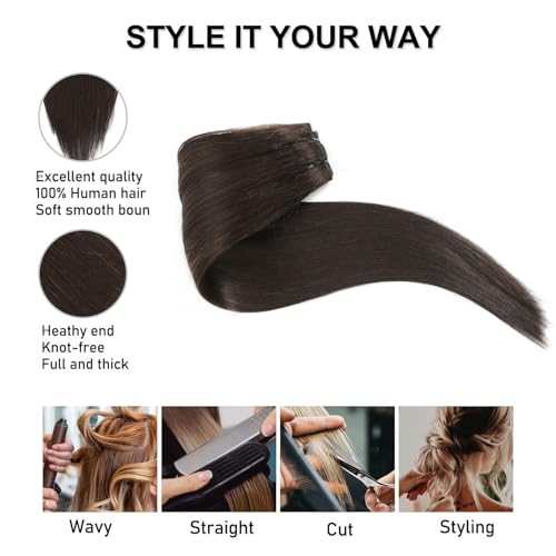 Dark Brown Clip in Hair Extensions - 20 Inch Human Hair, 7PCS, Easy Wear (Variation #2)