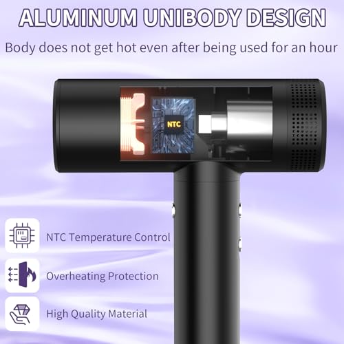 High Speed Metal Hair Dryer with Diffuser & Nozzle - 110,000 RPM Brushless Motor, Negative Ions, Travel-Friendly