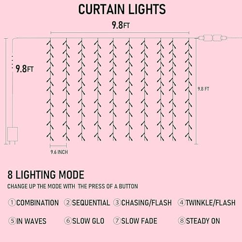 LED Curtain String Lights with 8 Modes Waterproof Indoor Outdoor Pink 9.8ft