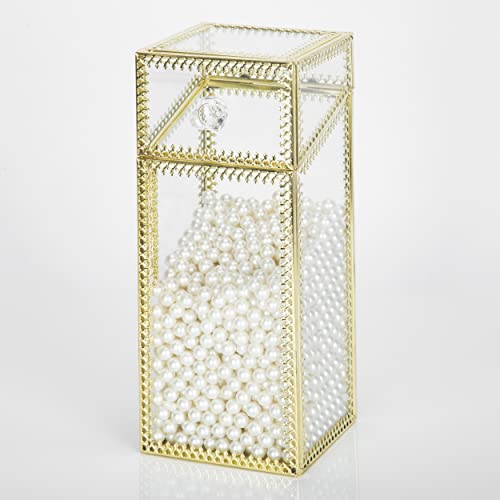 Glass Makeup Brush Holder with Lid Organizer Vintage Cosmetic Hexagonal Display Cases Brush Storage with Free White Pearls - Gold