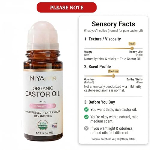 Organic Castor Oil Roll on with Rose Quartz For Face and Body - Cold Pressed Hexane Free Glass Bottle Unrefined 1.7 oz