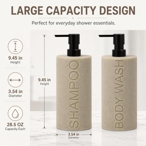 Tan Refillable Resin Shampoo & Body Wash Dispenser Set with Matte Pump Top – Durable Bathroom Accessory