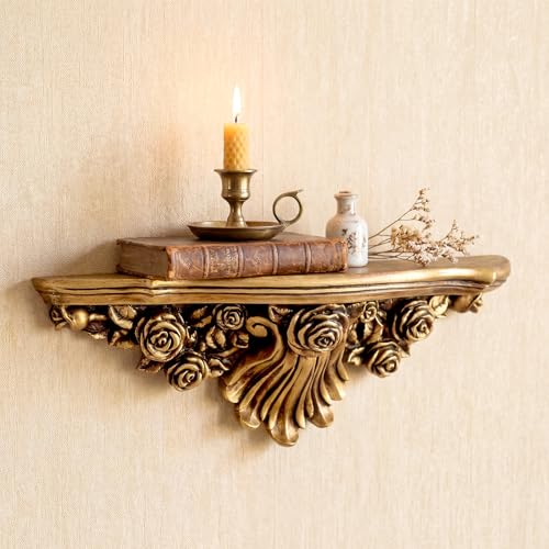 Pinkunn Vintage Floating Wall Shelf Antique Gold Classic French Fleur-de-lis, 17-Inch Ledge
