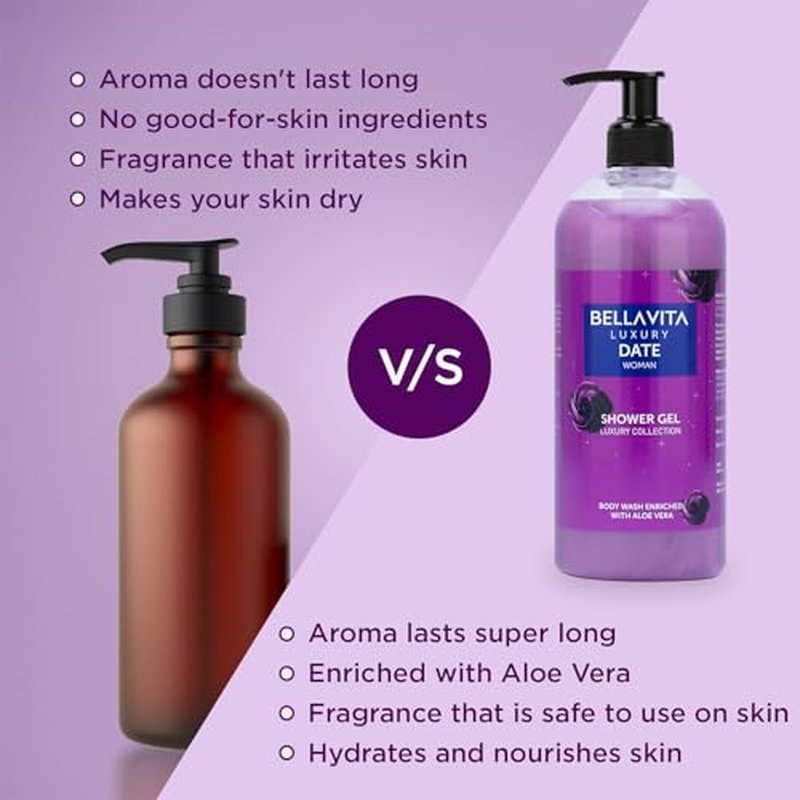 Bella Vita Luxury Date Woman Body Wash Shower Gel for Women | 500ml | Deep Cleansing, Hydrating & Moisturising with Aloe Vera Extract | Softer, Smoother Skin | Suitable for All Skin Types