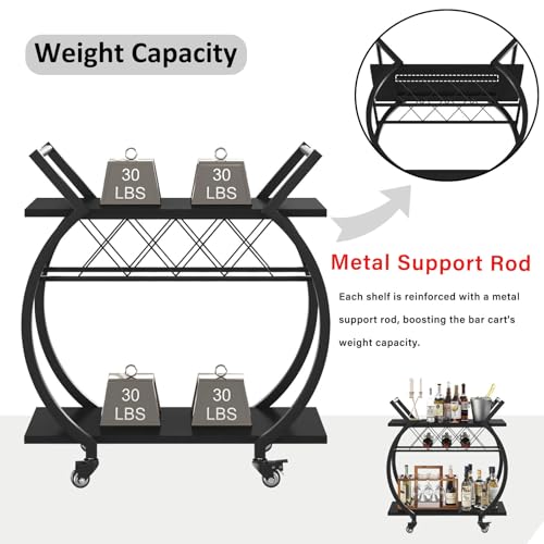 Black Arc-Shaped Bar Cart with Wheels and Wine Rack - Industrial Home Beverage Trolley with Storage