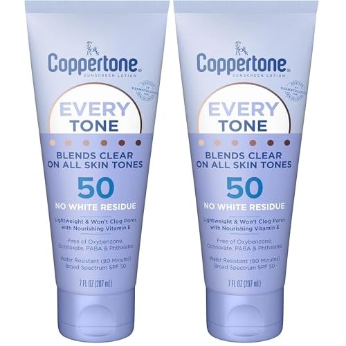 Coppertone Every Tone Sunscreen Lotion SPF 50, Lightweight, Rubs on Clear Sunscreen for All Skin Tones, Formulated with Nourishing Vitamin E, 7 Fl Oz Tube (Pack of 2)