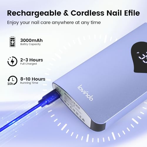 Lavinda Electric Nail Drill Machine, 35000RPM Professional Nail File Cordless Rechargeable Nail Efile for Acrylic Gel Nails (Purple 910)