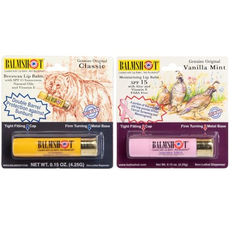 BALMSHOT Lip Balm (2-Pack) of Classic & Pure Pink Vanilla Mint - SPF 15, Beeswax Chapstick for Dry Chapped Lips, 20-Gauge Brass Shotgun Shell Tube, Long Lasting Lip Moisturizer, Made in USA