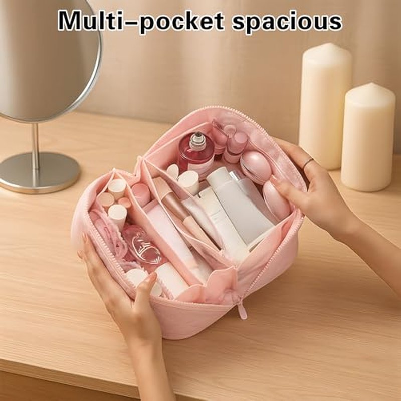 Makeup Bag Travel Toiletry Bag, Puffy Padded Make Up Bags for Women, Waterproof Cosmetic Organizer, Makeup Organizer Wide-open Pouch Purse, Travel Essentials for Toiletries Accessories Storage (White)