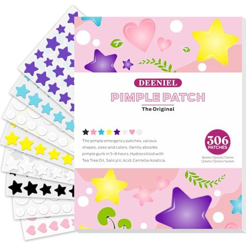 Acne Healing Patch - 306 Hydrocolloid Patches with Natural Ingredients, Fast-Acting Invisible Pimple Care, 3 Shapes & 6 Colors (Yellow)