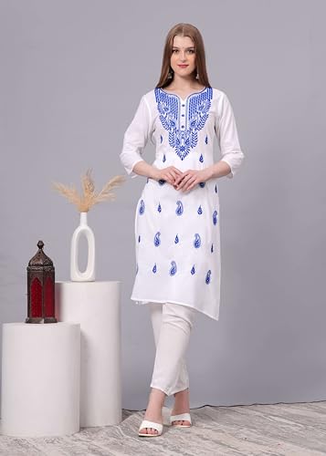 XX-Large Blue Traditional Chikankari Cotton Kurti for Women - Hand Embroidered Tunic