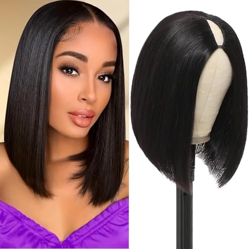 10 Inch V Part Bob Wig Human Hair Glueless U Part Wig Natural Black Beginner Friendly