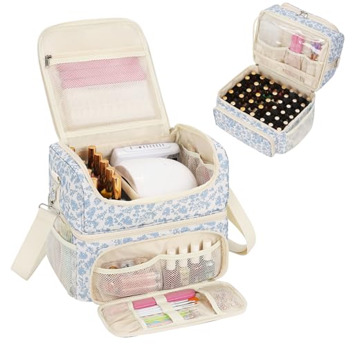 CUBETASTIC Nail Polish Organizer & Storage Bag for 48 Bottles & Full-Size Lamp, Double-Layer Travel Case Box for Nail Supplies, Manicure Kit & Pedicure Tools (Blue Floral, 48 Slots)