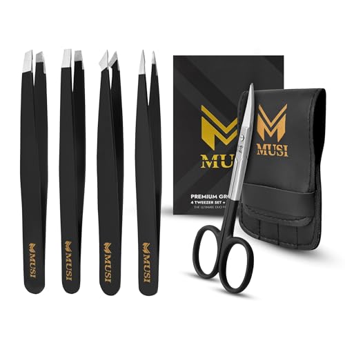 MUSI tweezers Shape Eyebrows & Remove Facial Hair, Ingrown Hair, Chin & Splinters ? Expert Tweezers Kit with Eyebrow Scissor, Professional Multipurpose tweezers kit, Stainless Steel Men & Women