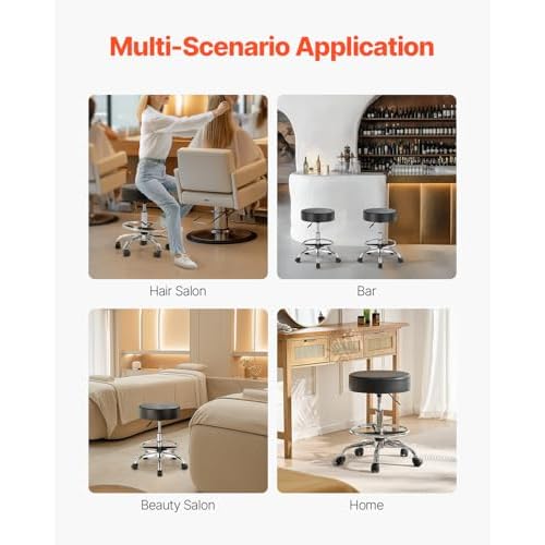 VEVOR Rolling Stool with Foot Rest and Wheels, 450 LBS Weight Capacity Round Rolling Stool Chair, Height Adjustable Thickened PU Leather Swivel Stool for Salon, Spa, Massage, Tattoo, Clinic, Black