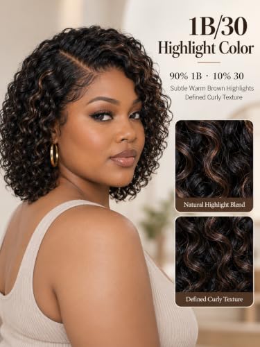 Deep Curly Human Hair Wig with Side Part Lace Closure - 12 Inch Ombre Black & Brown 1B/30