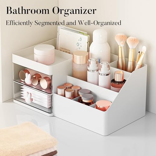 Makeup Organizer with Drawers for Vanity, Cosmetic Storage Box - White-Clear